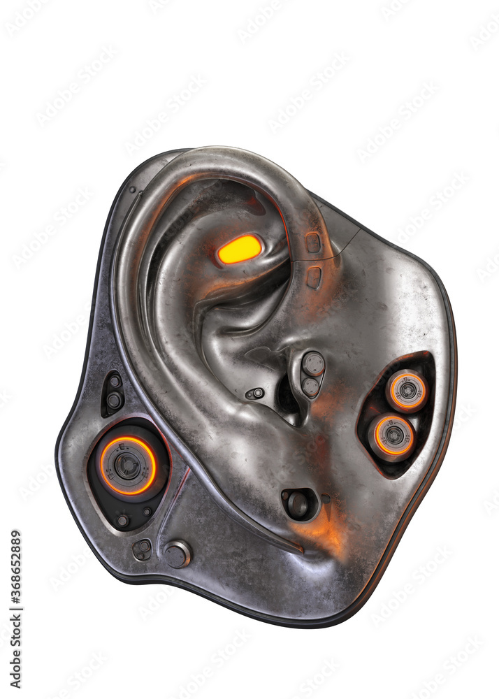 Poster futuristic robot hearing organ/ robotic ear 3d rendering on white background