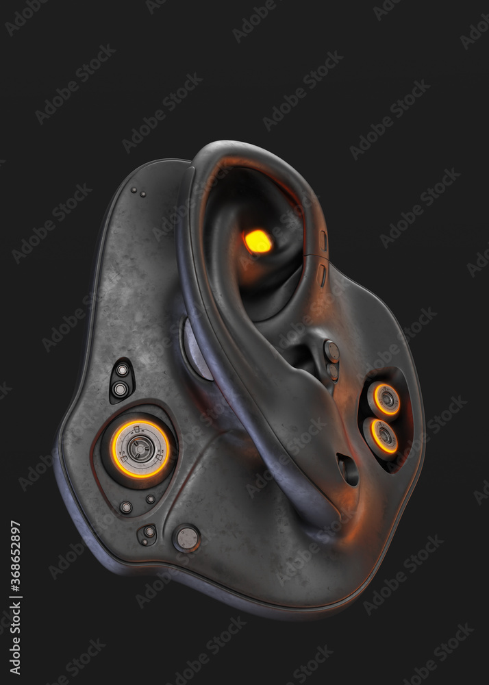 Poster futuristic robot hearing organ/ robotic ear 3d rendering on dark background