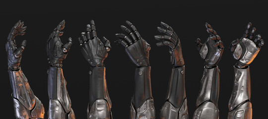 Set of artificial sci-fi robotic arms, 3d rendering  on black background in different poses