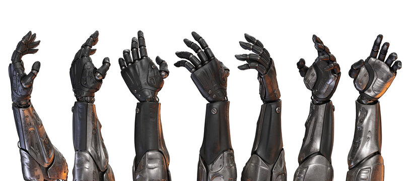 Set of artificial sci-fi robotic arms, 3d rendering  on white background in different poses