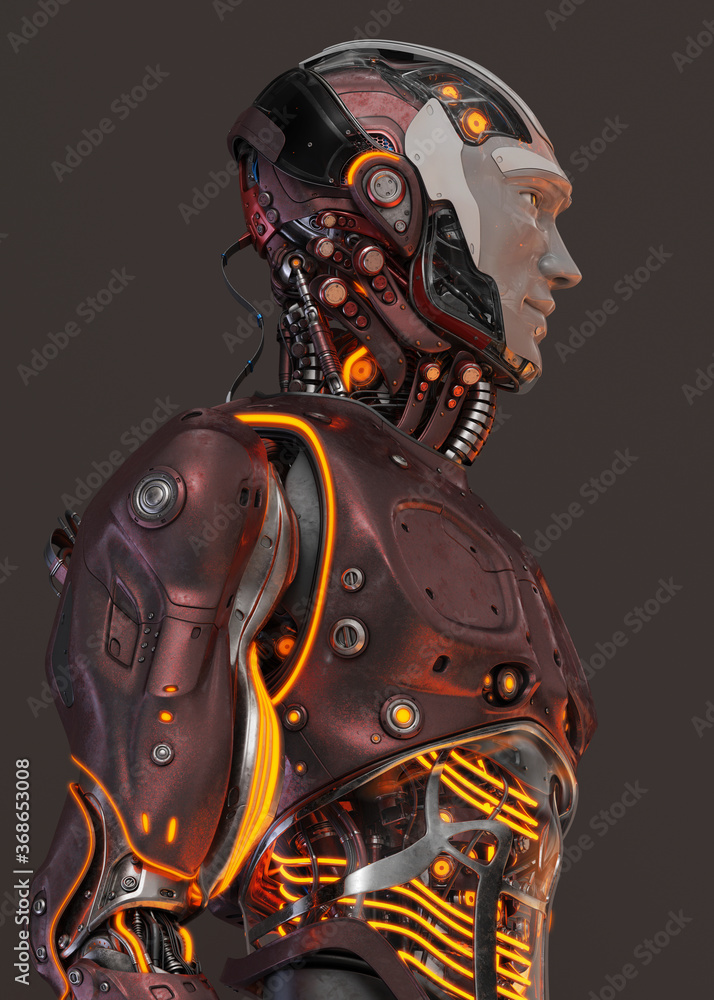 Poster futuristic handsome robot man in profile. 3d rendering of stylish cherry color cyborg on dark backgr