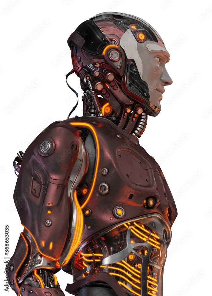 Poster futuristic handsome robot man in profile. 3d rendering of stylish cherry color cyborg on white backg