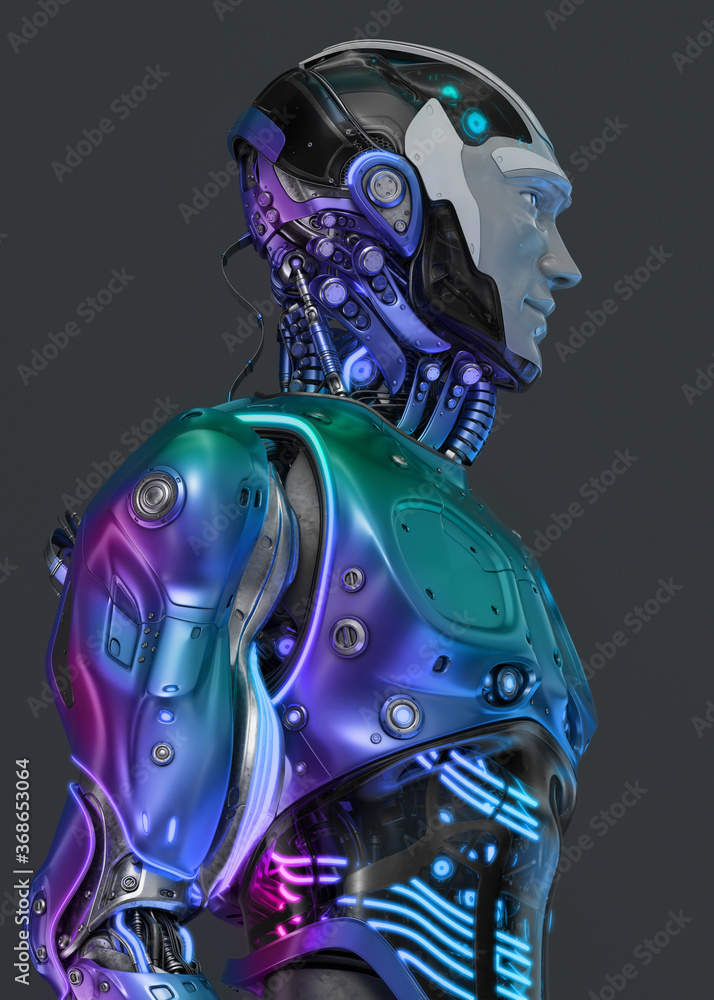 Poster futuristic handsome robot man in profile. 3d rendering of stylish dove-colored cyborg on dark backgr