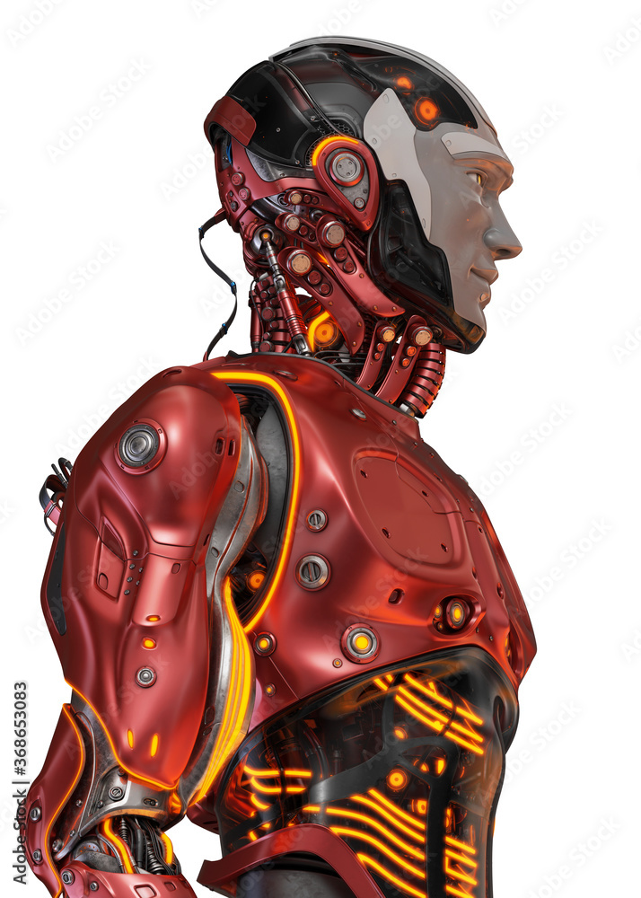 Poster futuristic handsome robot man in profile. 3d rendering of stylish red cyborg on white background