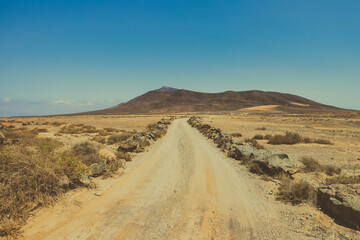 Fototapeta na wymiar Lonely desert road through an arid landscape winds towards volcanic mountains on the horizon, seen at the Rubicon plains near Playa Blanca and the Papagayo coast, Lanzarote, Canary Islands, Spain. 