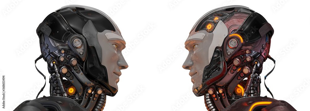 Poster two semi-transparent handsome cyborg heads in profile looking on each other / futuristic man 3d rend