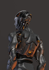 Futuristic handsome robot man backwards. 3d rendering of stylish steel cyborg on dark background
