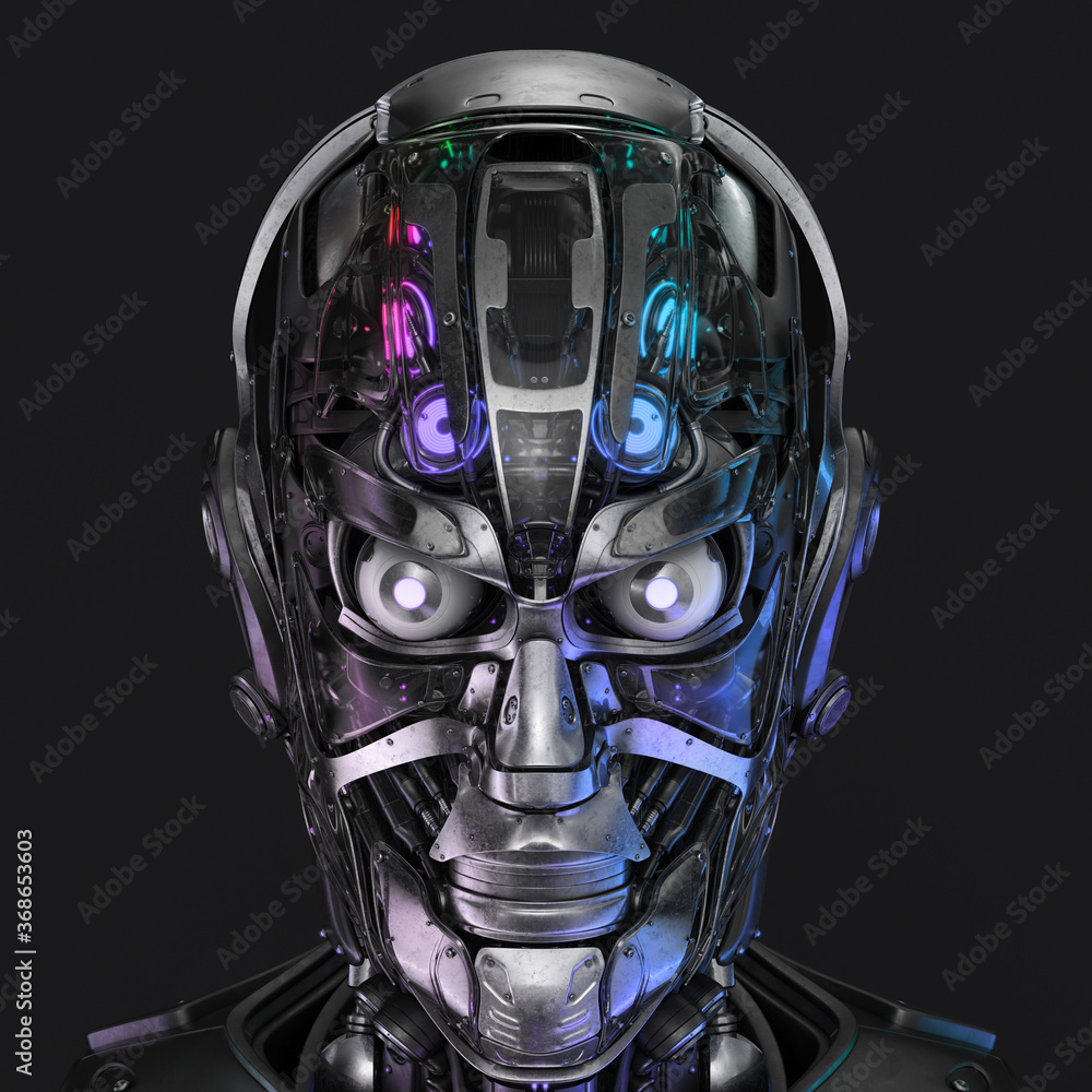 Poster sci-fi handsome cyborg head in front angle / futuristic man 3d rendering on dark background