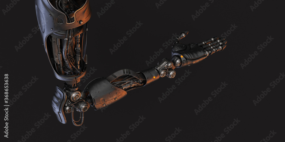 Poster prosthetic robotic arm, 3d rendering in opened palm position on black background