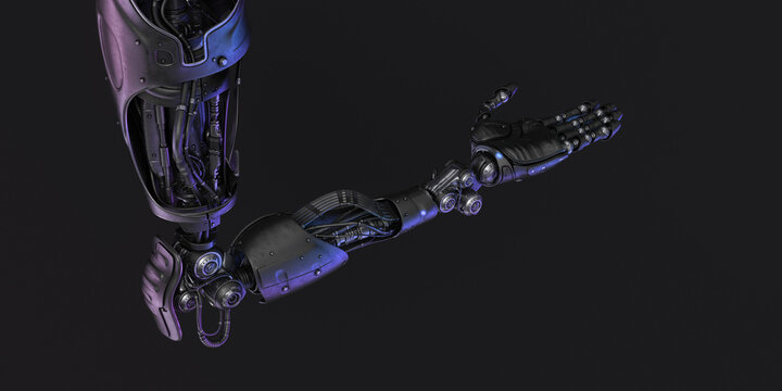 Prosthetic robotic arm, 3d rendering in opened palm position  on black background