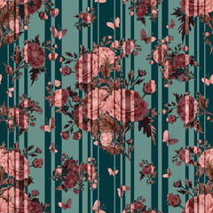 Seamless pattern bouquets of roses and butterflies 