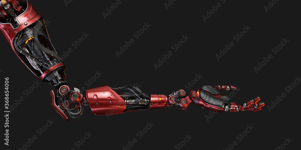 Poster prosthetic red robotic arm, 3d rendering in opened palm position on black background