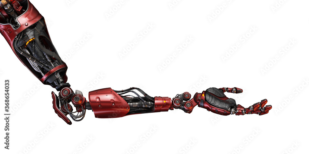 Poster prosthetic red robotic arm, 3d rendering in opened palm position on white background