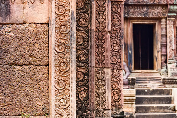 Stone carvings at Banteay Srei temple area of Angkor in Siem Reap, Cambodia