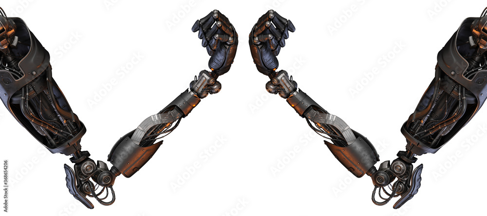 Poster two prosthetic robotic arm with palm in fist, 3d rendering on white background