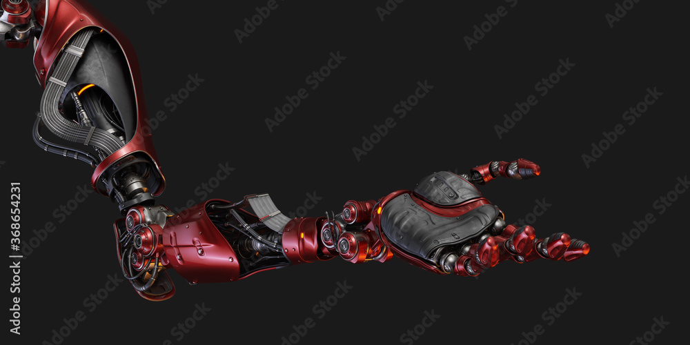Poster prosthetic red robotic arm, 3d rendering in opened palm position on black background