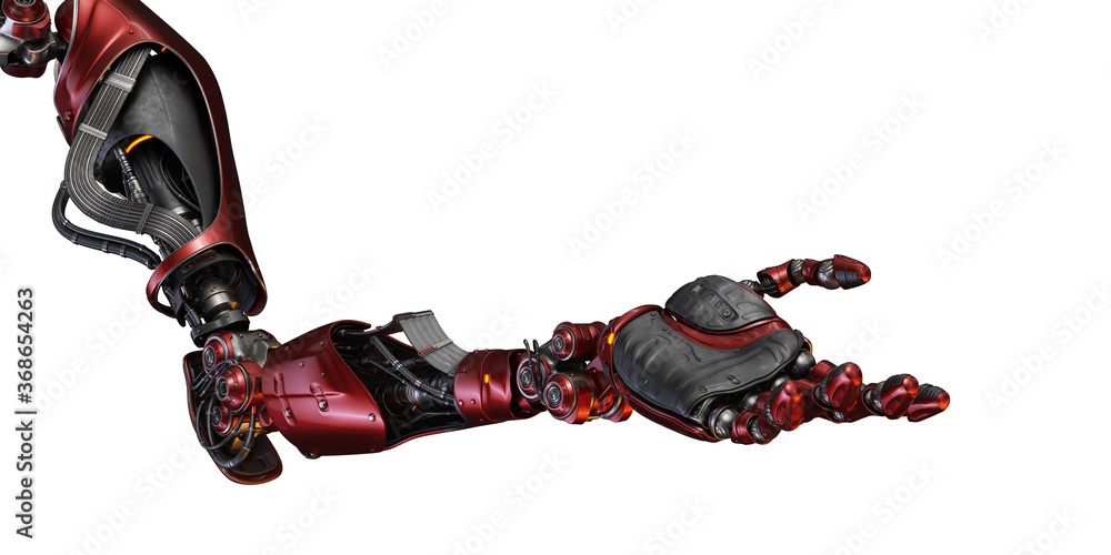 Poster prosthetic red robotic arm, 3d rendering in opened palm position on white background