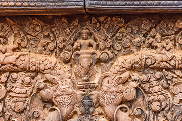 god Indra on his triple elephant Airavana in Banteay Srei, Siem Reap, Cambodia