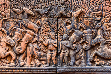 ediment shows the burning of Khandava Forest in Banteay Srei temple area of Angkor in Siem Reap, Cambodia