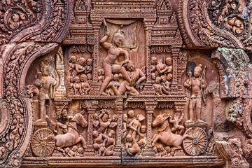 Krishna killing Kamsa in  Banteay Srei temple area of Angkor in Siem Reap, Cambodi