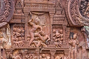 Krishna killing Kamsa in  Banteay Srei temple area of Angkor in Siem Reap, Cambodi