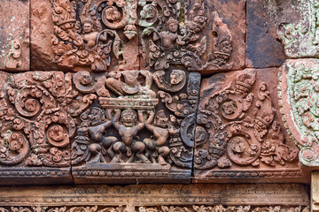 Stone carvings at Banteay Srei temple area of Angkor in Siem Reap, Cambodia