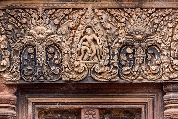 Stone carvings at Banteay Srei temple area of Angkor in Siem Reap, Cambodia