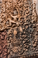 Stone carvings at Banteay Srei temple area of Angkor in Siem Reap, Cambodia
