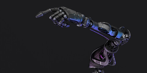 Sci-fi robotic arm pointing with index finger, 3d rendering on dark background