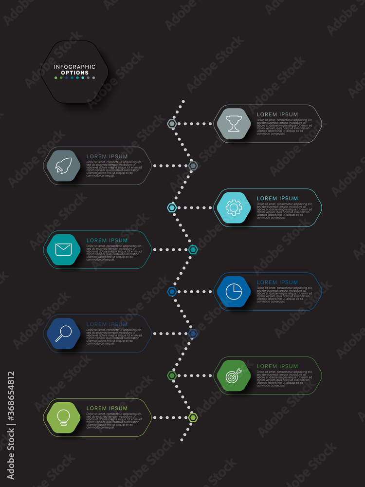Poster modern infographic timeline template with relistic hexagonal elements in flat colors on a black back