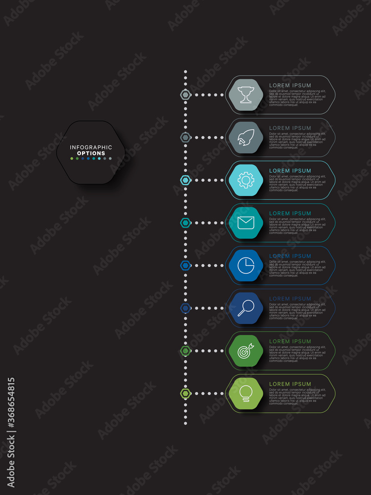 Aufkleber modern infographic timeline template with relistic hexagonal elements in flat colors on a black back
