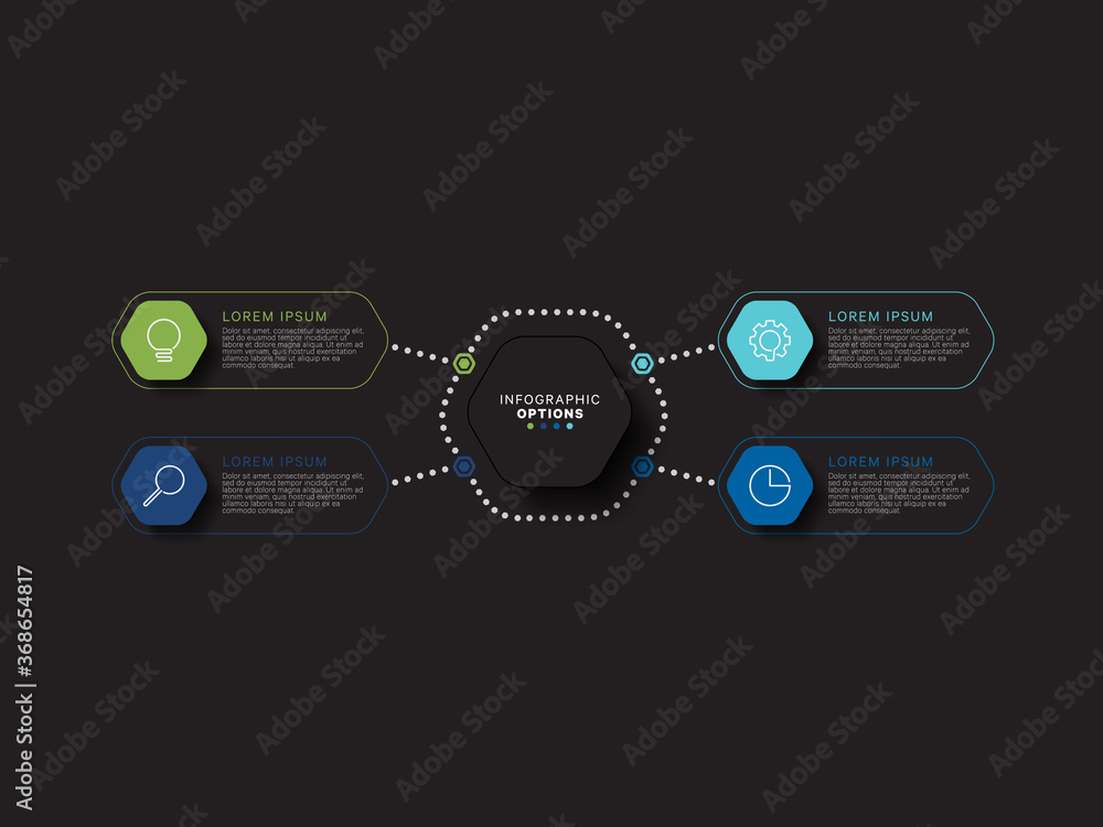 Aufkleber modern infographic template with hexagonal realistic elements in flat colors on a black background. 