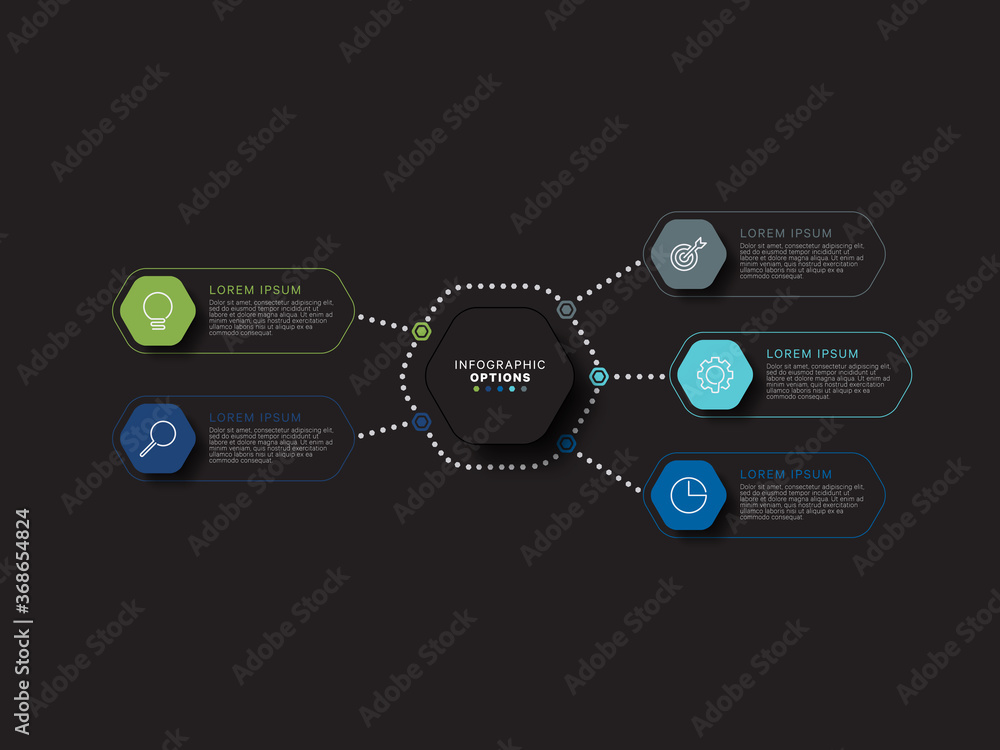 Aufkleber modern infographic template with hexagonal realistic elements in flat colors on a black background. 