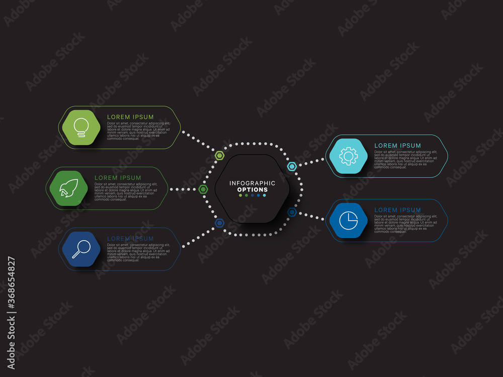 Aufkleber modern infographic template with hexagonal realistic elements in flat colors on a black background. 