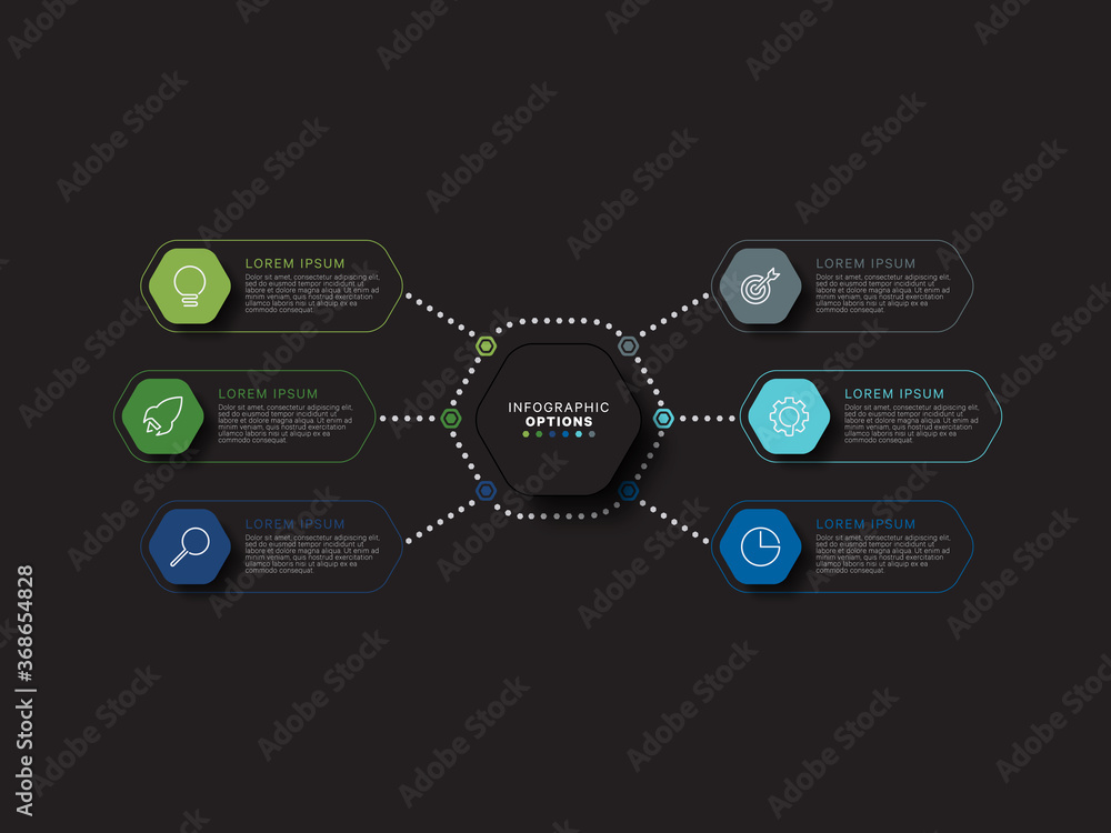 Aufkleber modern infographic template with hexagonal realistic elements in flat colors on a black background. 