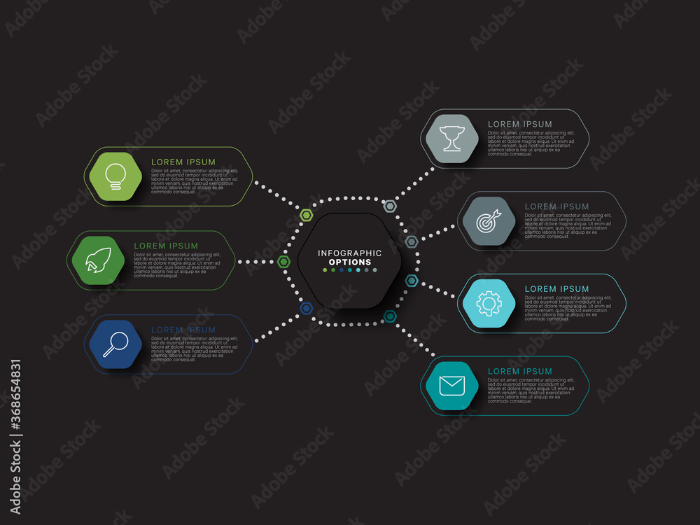 Aufkleber modern infographic template with hexagonal realistic elements in flat colors on a black background. 