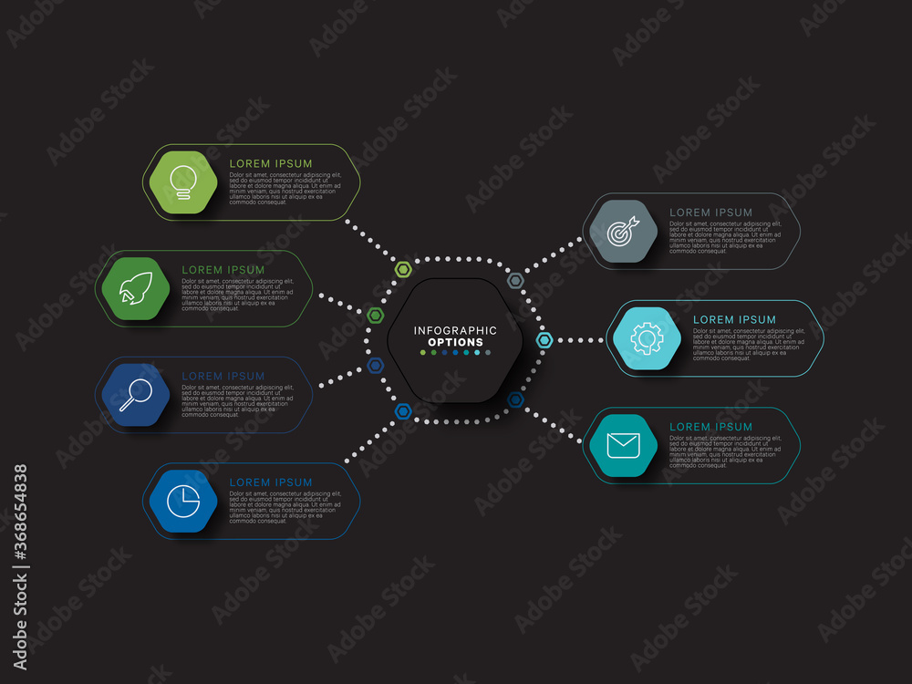 Aufkleber modern infographic template with hexagonal realistic elements in flat colors on a black background. 