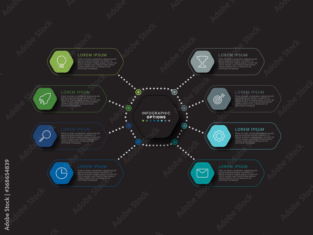 Aufkleber modern infographic template with hexagonal realistic elements in flat colors on a black background. 