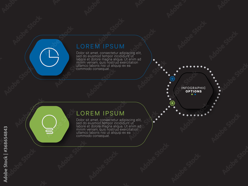 Aufkleber modern infographic template with hexagonal realistic elements in flat colors on a black background. 