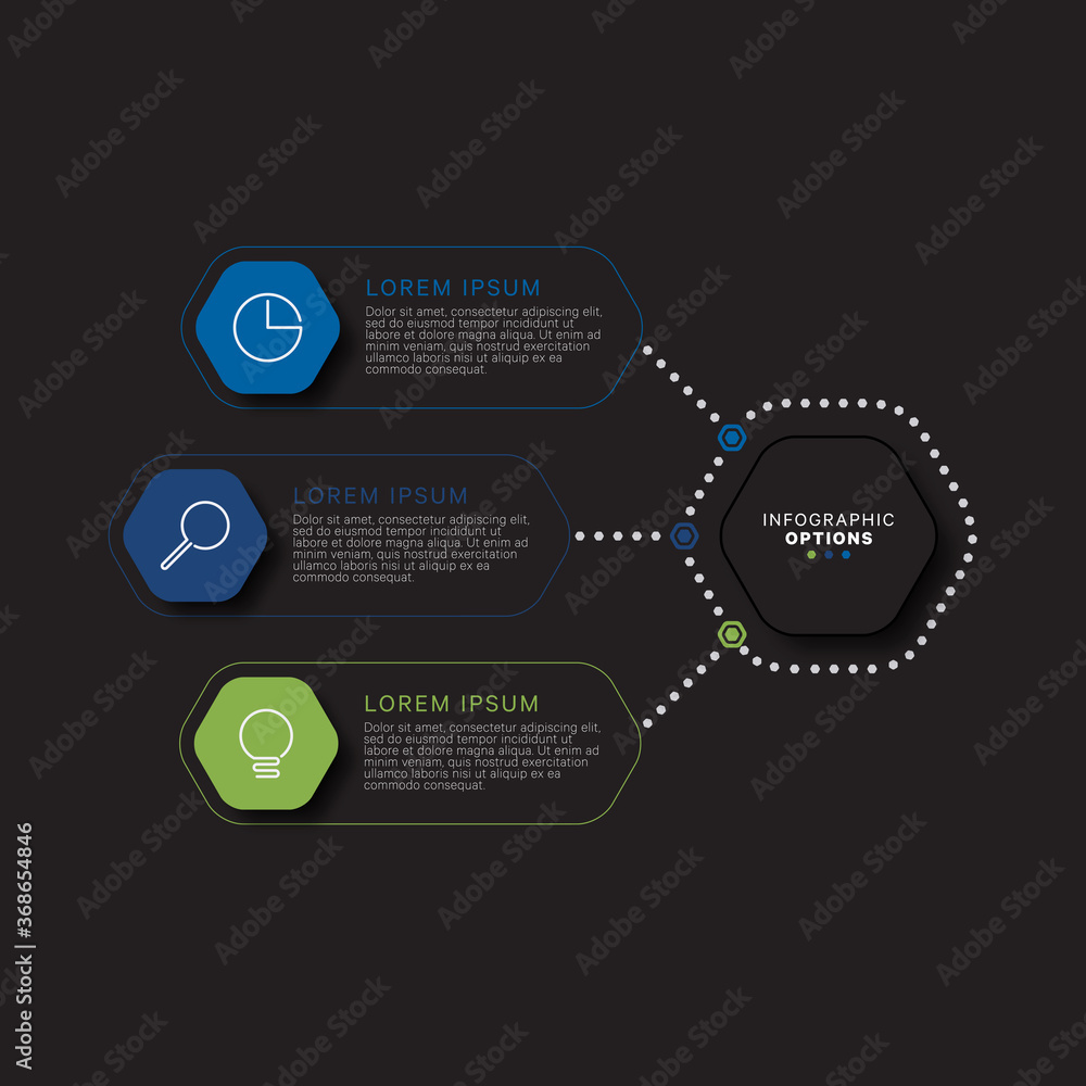 Aufkleber modern infographic template with hexagonal realistic elements in flat colors on a black background. 