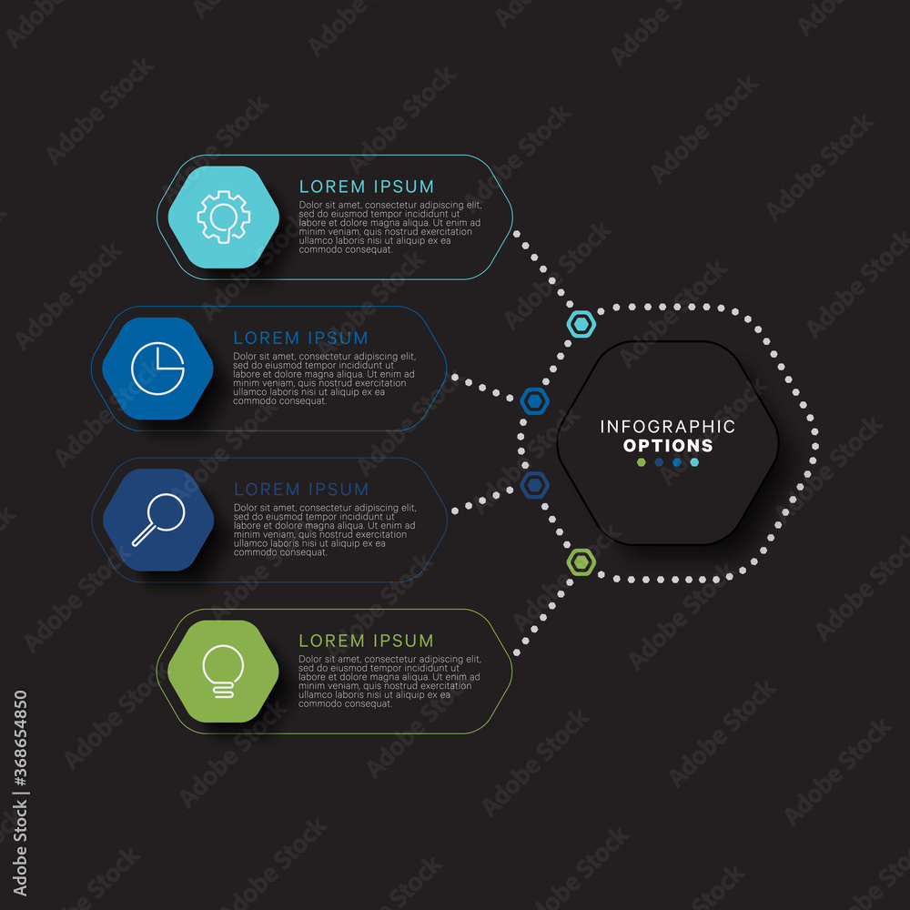 Aufkleber modern infographic template with hexagonal realistic elements in flat colors on a black background. 