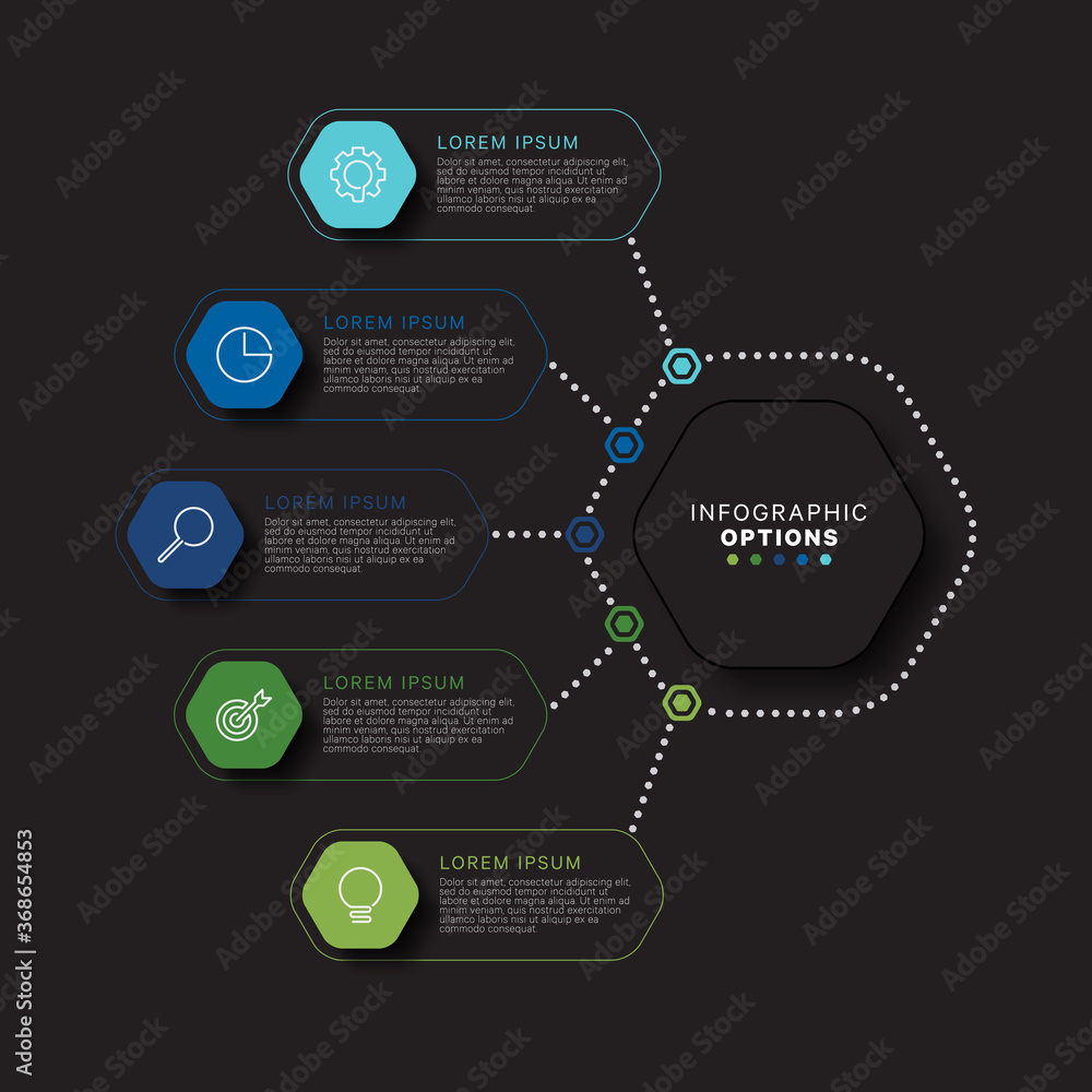 Aufkleber modern infographic template with hexagonal realistic elements in flat colors on a black background. 