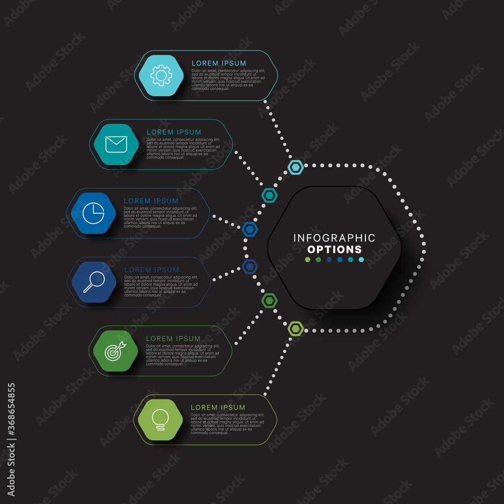 Aufkleber modern infographic template with hexagonal realistic elements in flat colors on a black background. 