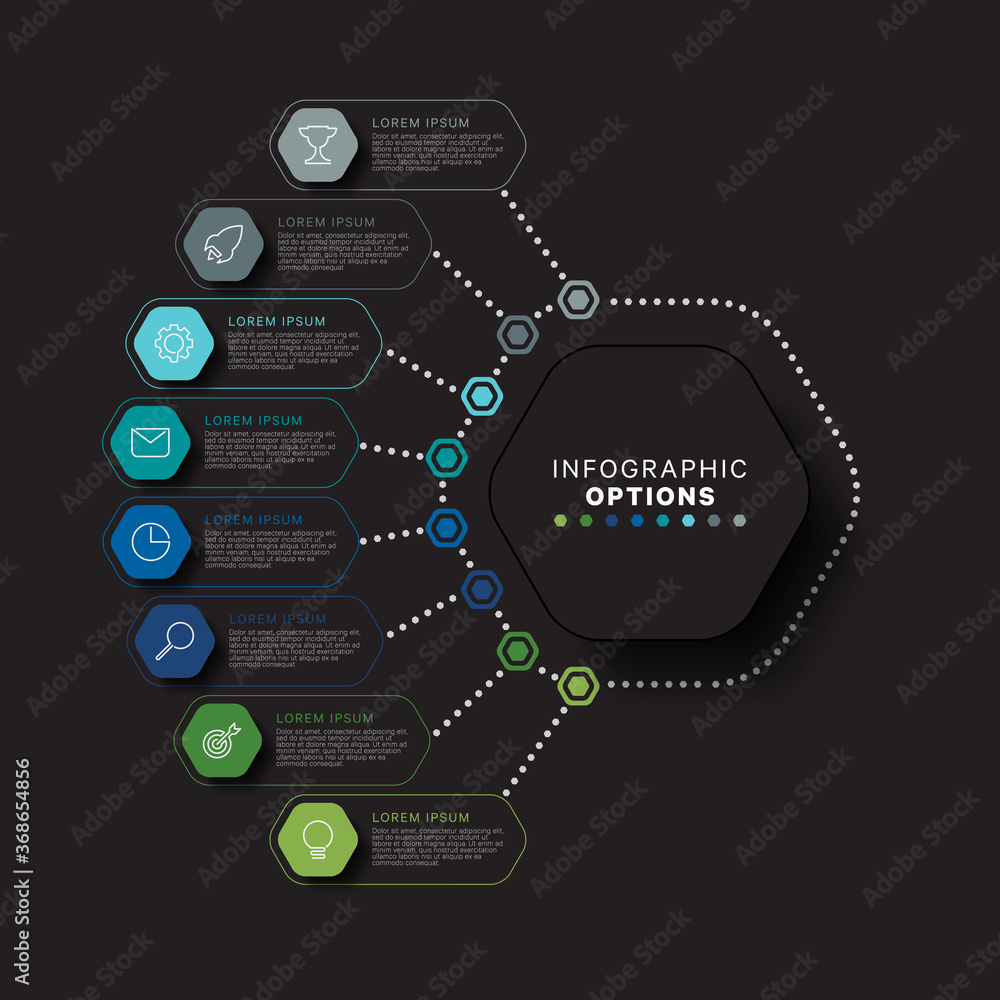 Aufkleber modern infographic template with hexagonal realistic elements in flat colors on a black background. 