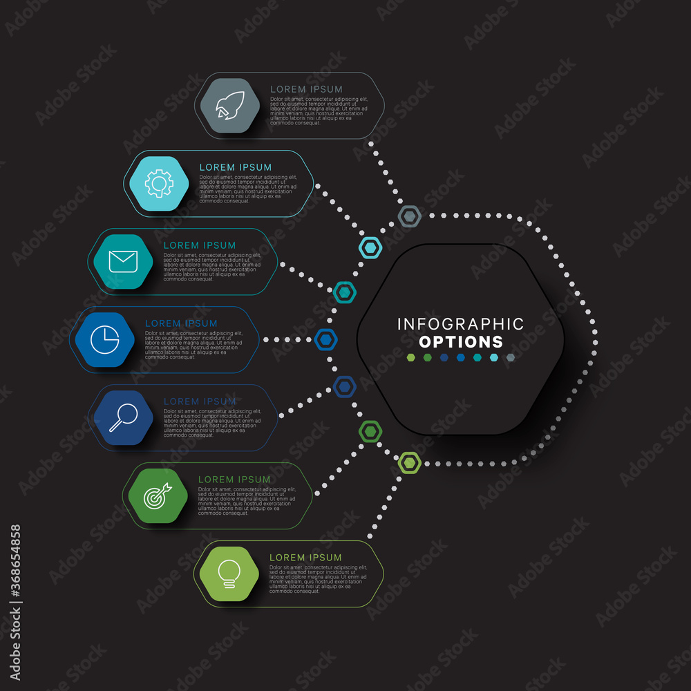 Aufkleber modern infographic template with hexagonal realistic elements in flat colors on a black background. 