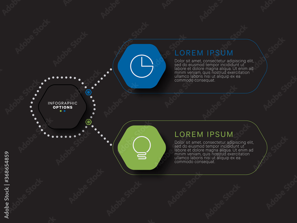 Aufkleber modern infographic template with hexagonal realistic elements in flat colors on a black background. 