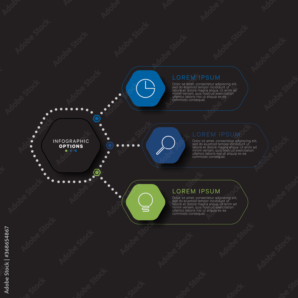 Aufkleber modern infographic template with hexagonal realistic elements in flat colors on a black background. 