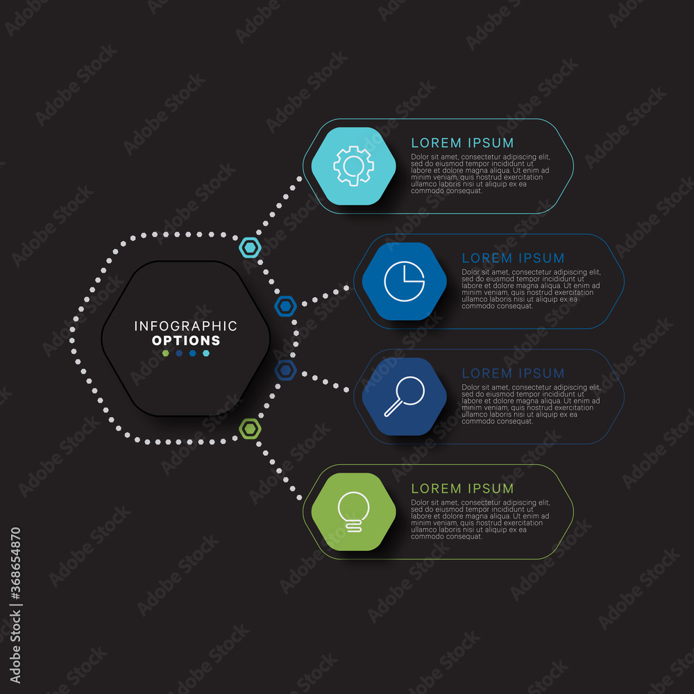 Aufkleber modern infographic template with hexagonal realistic elements in flat colors on a black background. 