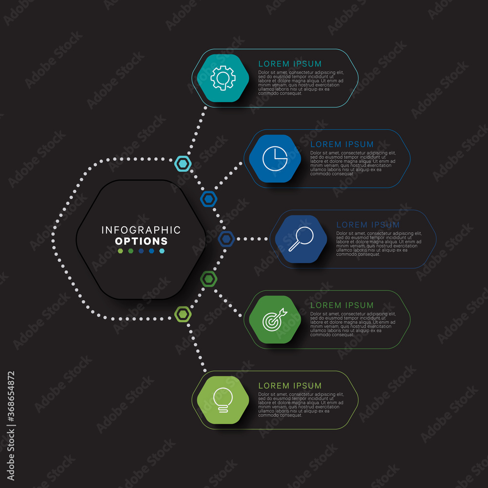 Aufkleber modern infographic template with hexagonal realistic elements in flat colors on a black background. 