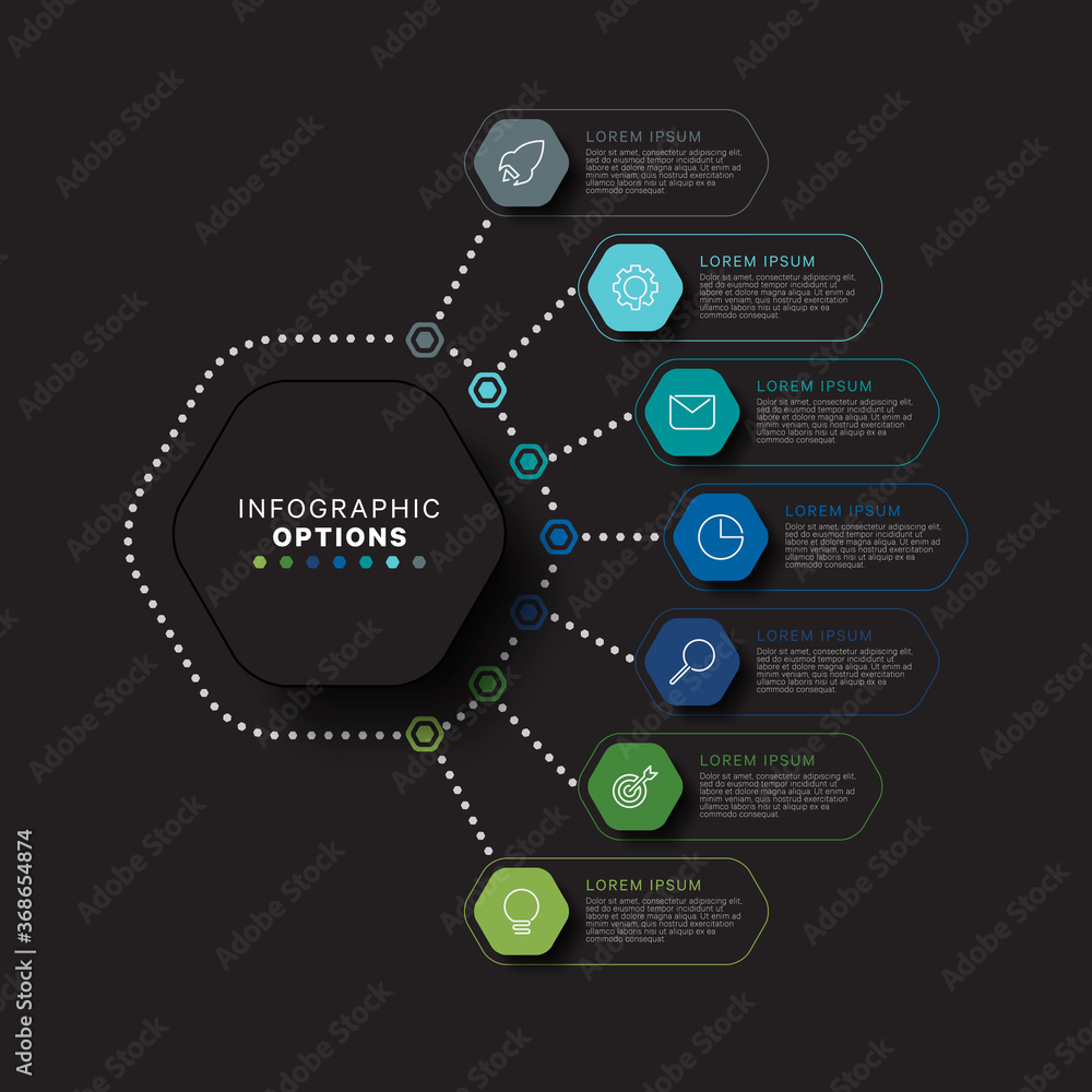 Aufkleber modern infographic template with hexagonal realistic elements in flat colors on a black background. 
